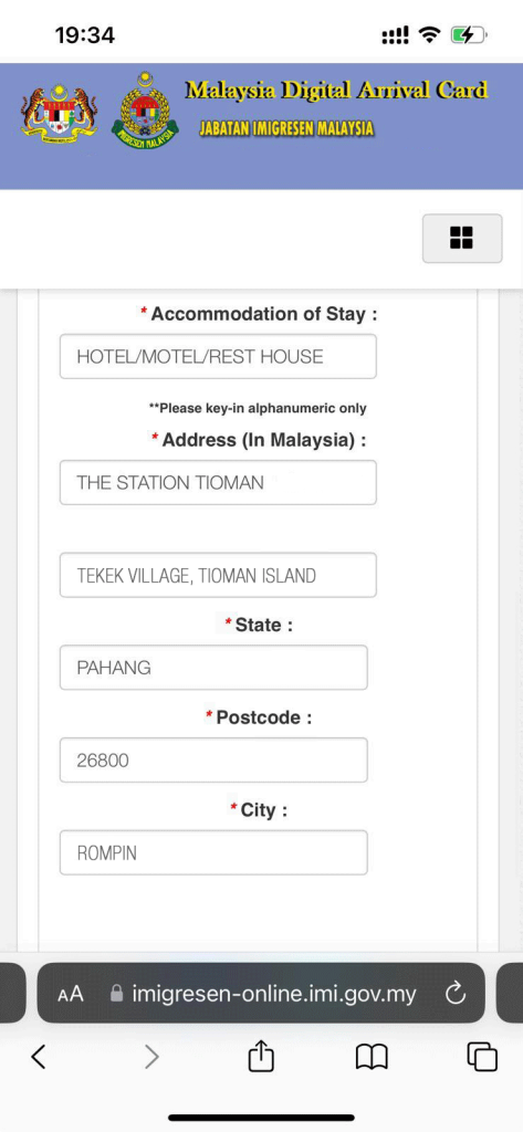 Description of how to fill out MDAC Malaysia form for foreign nationals visiting The Station Tioman: The Station Tioman Tekek Village, Tioman Island 26800 Rompin Pahang